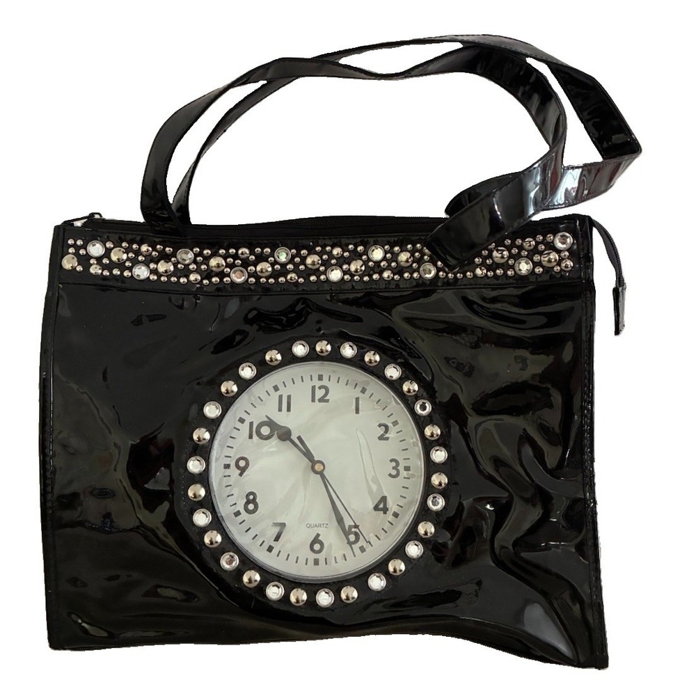Vintage Far Nine Clock Purse Black Faux Patent Leather Rhinestones Works Y2K